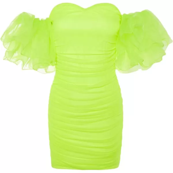 WDIRARA Women's Off Shoulder Prom Dress Puff Sleeve Ruched Mesh Cocktail Bodycon Party Elegant Mini Dresses