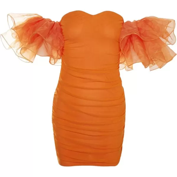 WDIRARA Women's Off Shoulder Prom Dress Puff Sleeve Ruched Mesh Cocktail Bodycon Party Elegant Mini Dresses