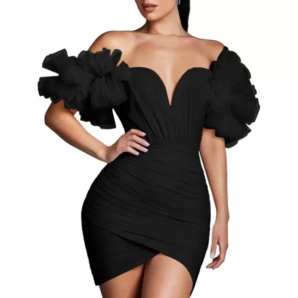 WDIRARA Women's Off Shoulder Prom Dress Puff Sleeve Ruched Mesh Cocktail Bodycon Party Elegant Mini Dresses