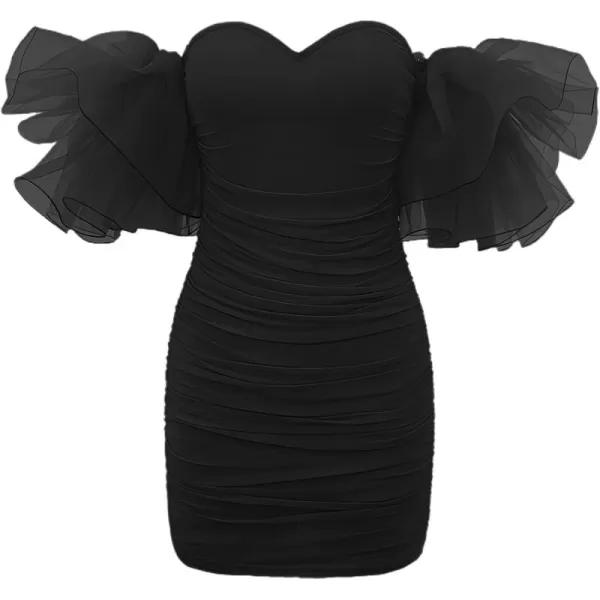 WDIRARA Women's Off Shoulder Prom Dress Puff Sleeve Ruched Mesh Cocktail Bodycon Party Elegant Mini Dresses