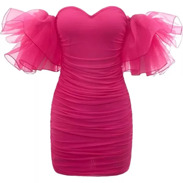WDIRARA Women's Off Shoulder Prom Dress Puff Sleeve Ruched Mesh Cocktail Bodycon Party Elegant Mini Dresses