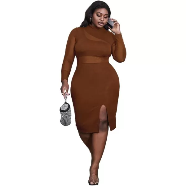 WDIRARA Women's Plus Mock Neck Mesh Long Sleeve Slit Sexy Party Club Bodycon Midi Dress