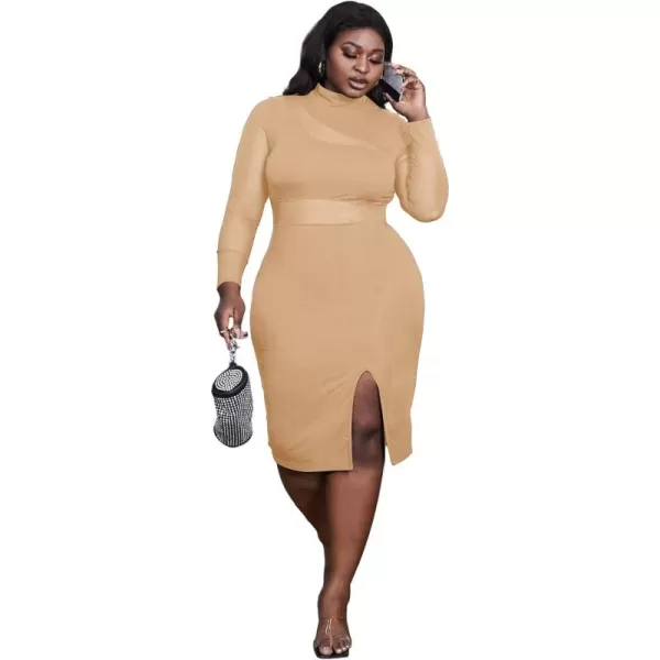 WDIRARA Women's Plus Mock Neck Mesh Long Sleeve Slit Sexy Party Club Bodycon Midi Dress