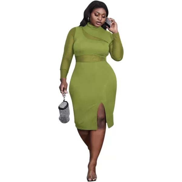 WDIRARA Women's Plus Mock Neck Mesh Long Sleeve Slit Sexy Party Club Bodycon Midi Dress