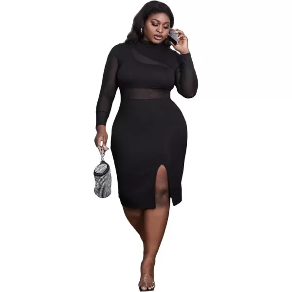 WDIRARA Women's Plus Mock Neck Mesh Long Sleeve Slit Sexy Party Club Bodycon Midi Dress