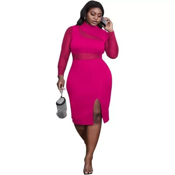 WDIRARA Women's Plus Mock Neck Mesh Long Sleeve Slit Sexy Party Club Bodycon Midi Dress