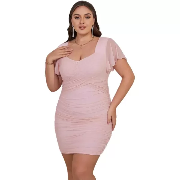 WDIRARA Women's Plus Size Butterfly Sleeve Sheer Mesh Ruched Bodycon Dress