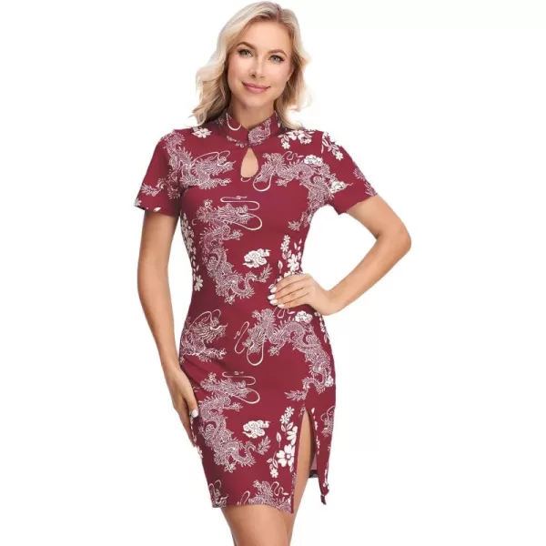 WDIRARA Women's Plus Size Chinese Dragon Print Bodycon Cheongsam Split Mini Dress