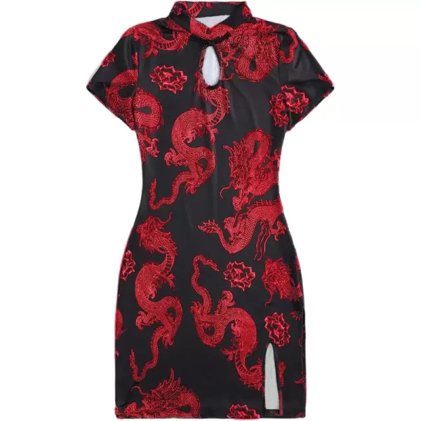 WDIRARA Women's Plus Size Chinese Dragon Print Bodycon Cheongsam Split Mini Dress