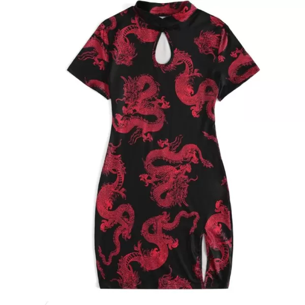 WDIRARA Women's Plus Size Chinese Dragon Print Bodycon Cheongsam Split Mini Dress