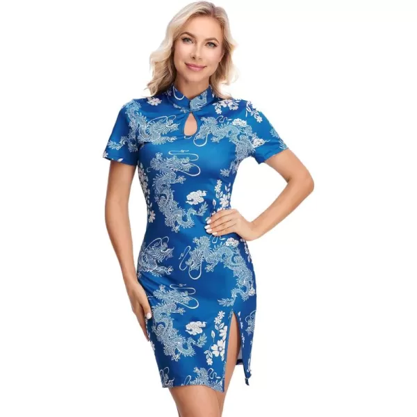 WDIRARA Women's Plus Size Chinese Dragon Print Bodycon Cheongsam Split Mini Dress