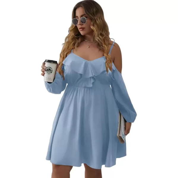 WDIRARA Women's Plus Size Cold Shoulder Ruffle Trim Bishop Sleeve A Line Dress