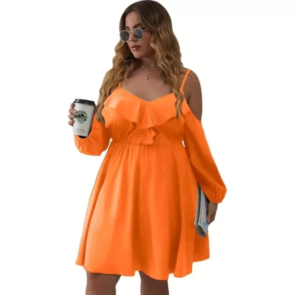 WDIRARA Women's Plus Size Cold Shoulder Ruffle Trim Bishop Sleeve A Line Dress