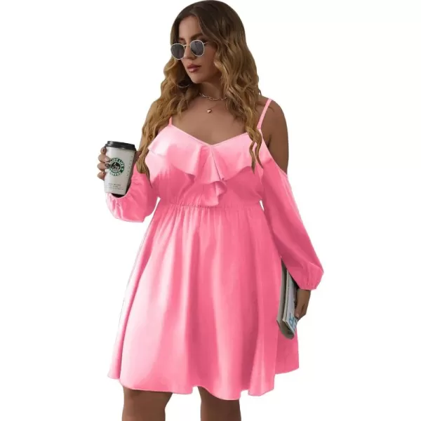 WDIRARA Women's Plus Size Cold Shoulder Ruffle Trim Bishop Sleeve A Line Dress