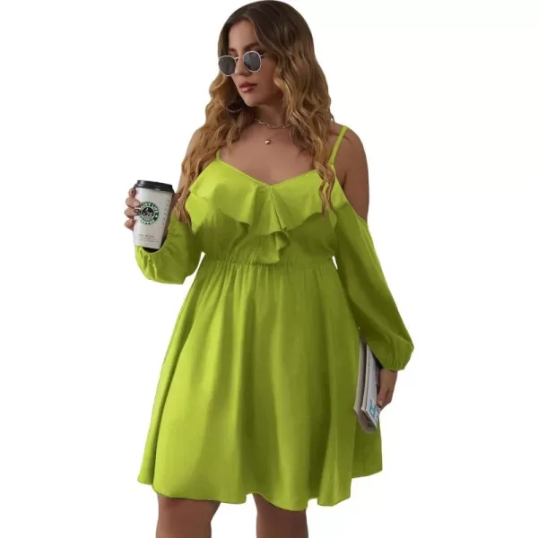 WDIRARA Women's Plus Size Cold Shoulder Ruffle Trim Bishop Sleeve A Line Dress
