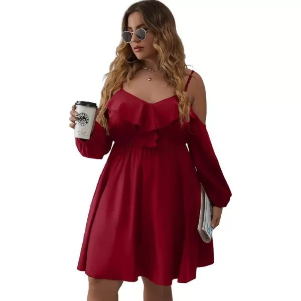 WDIRARA Women's Plus Size Cold Shoulder Ruffle Trim Bishop Sleeve A Line Dress