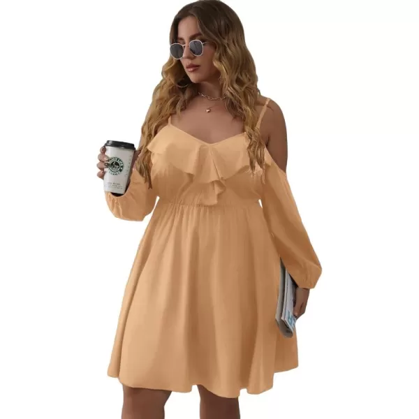 WDIRARA Women's Plus Size Cold Shoulder Ruffle Trim Bishop Sleeve A Line Dress