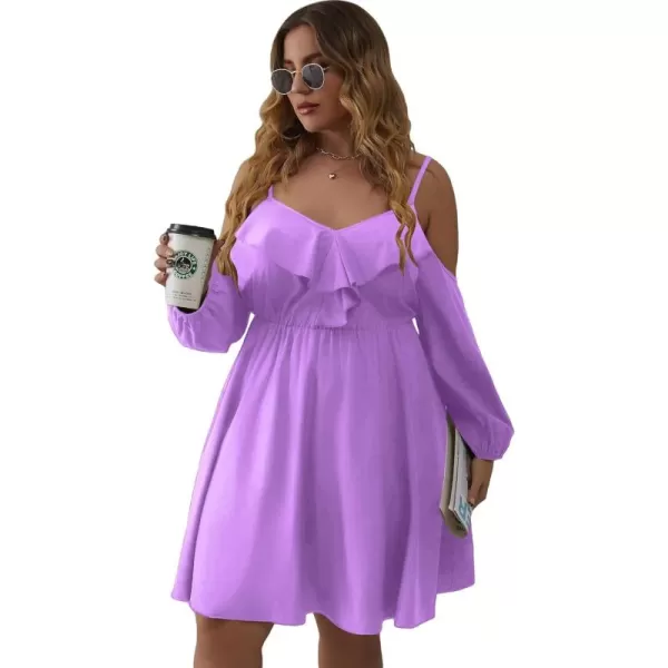 WDIRARA Women's Plus Size Cold Shoulder Ruffle Trim Bishop Sleeve A Line Dress