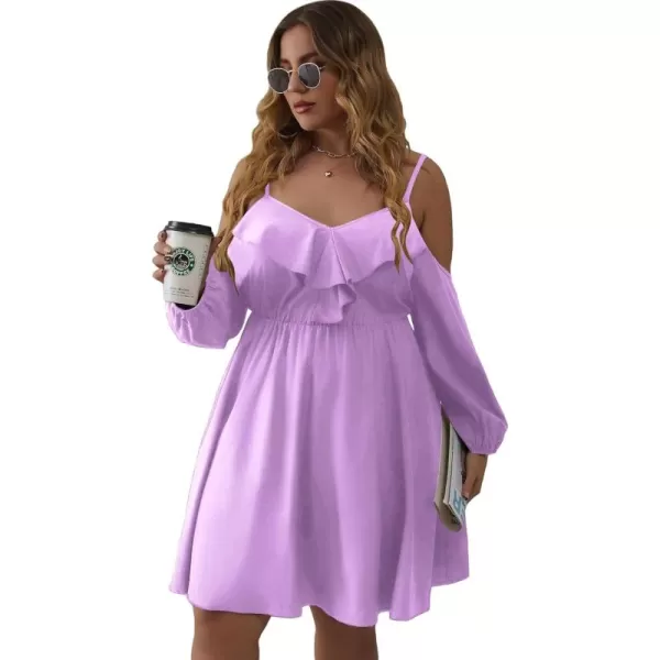 WDIRARA Women's Plus Size Cold Shoulder Ruffle Trim Bishop Sleeve A Line Dress