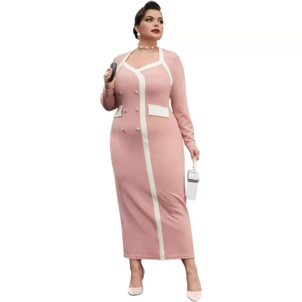 WDIRARA Women's Plus Size Colorblock Long Sleeve Split Hem Elegant Bodycon Maxi Dress