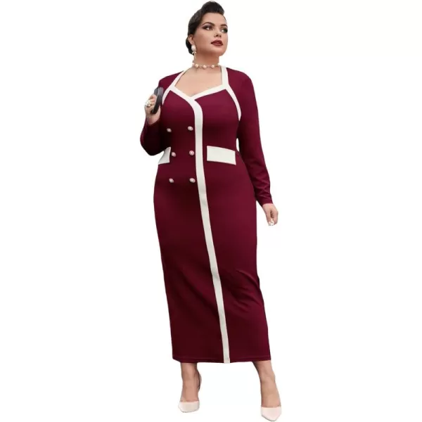 WDIRARA Women's Plus Size Colorblock Long Sleeve Split Hem Elegant Bodycon Maxi Dress