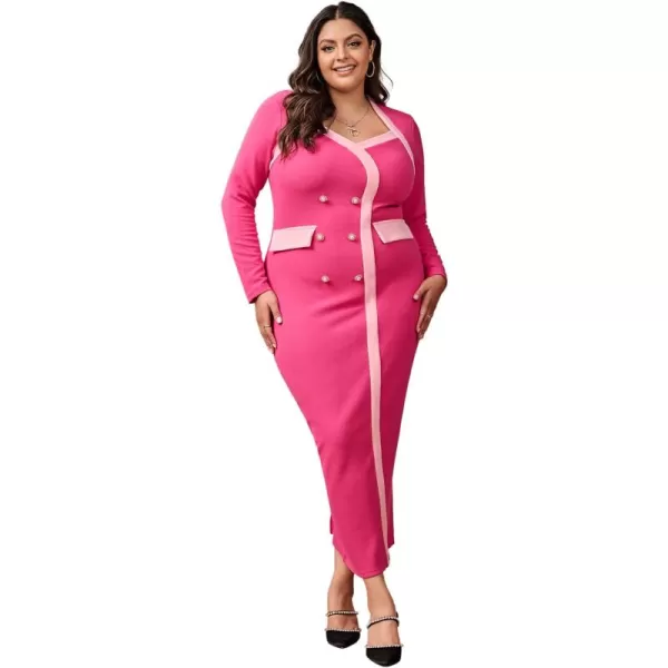 WDIRARA Women's Plus Size Colorblock Long Sleeve Split Hem Elegant Bodycon Maxi Dress