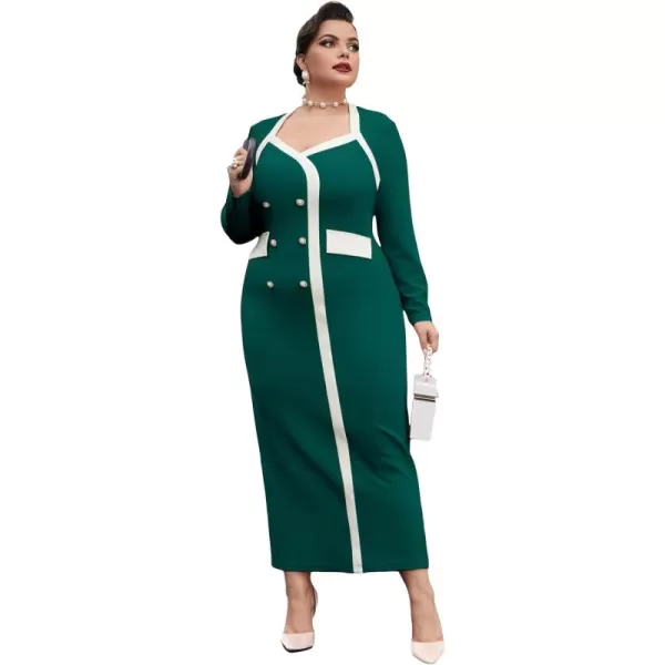 WDIRARA Women's Plus Size Colorblock Long Sleeve Split Hem Elegant Bodycon Maxi Dress