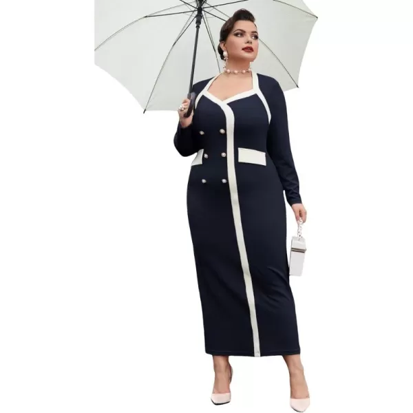 WDIRARA Women's Plus Size Colorblock Long Sleeve Split Hem Elegant Bodycon Maxi Dress