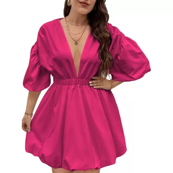 WDIRARA Women's Plus Size Deep V Neck Puff Lantern Sleeve Flowy Flare Dress A Line Mini Dress