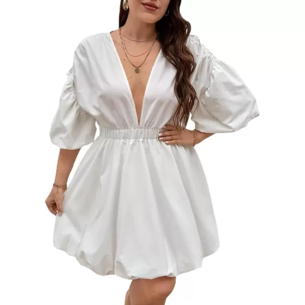WDIRARA Women's Plus Size Deep V Neck Puff Lantern Sleeve Flowy Flare Dress A Line Mini Dress