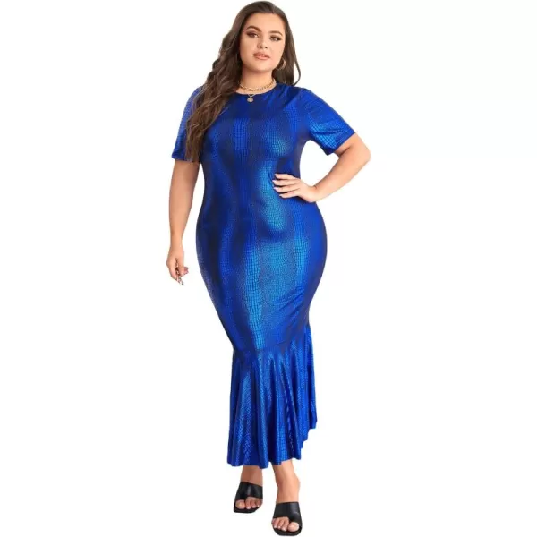 WDIRARA Women's Plus Size Elegant Crocodile Print Short Sleeve Mermaid Hem Bodycon Maxi Dress