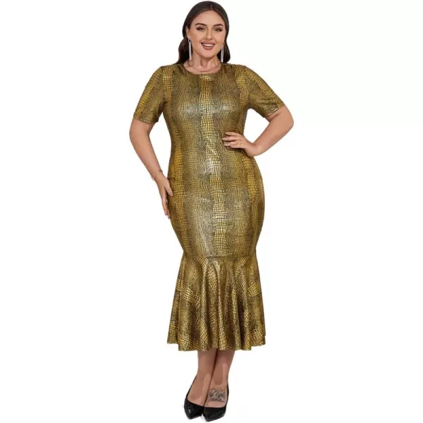 WDIRARA Women's Plus Size Elegant Crocodile Print Short Sleeve Mermaid Hem Bodycon Maxi Dress