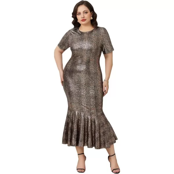 WDIRARA Women's Plus Size Elegant Crocodile Print Short Sleeve Mermaid Hem Bodycon Maxi Dress