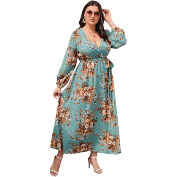 WDIRARA Women's Plus Size Floral Print V Neck Belted Bishop Long Sleeve Dress