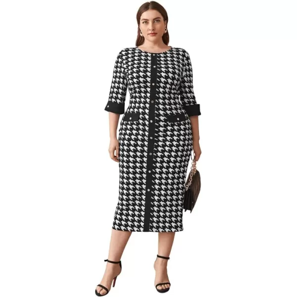 WDIRARA Women's Plus Size Houndstooth Button Front Round Neck Split Hem Bodycon Dress