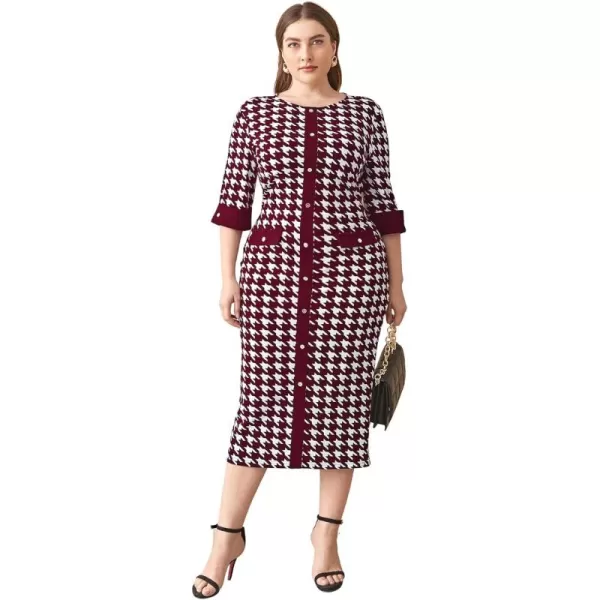 WDIRARA Women's Plus Size Houndstooth Button Front Round Neck Split Hem Bodycon Dress