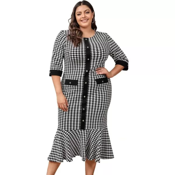 WDIRARA Women's Plus Size Houndstooth Button Front Round Neck Split Hem Bodycon Dress