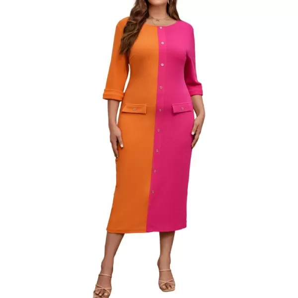 WDIRARA Women's Plus Size Houndstooth Button Front Round Neck Split Hem Bodycon Dress