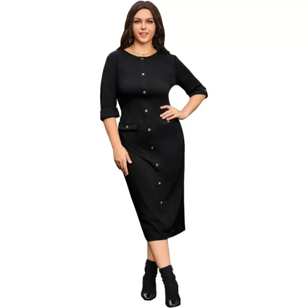 WDIRARA Women's Plus Size Houndstooth Button Front Round Neck Split Hem Bodycon Dress