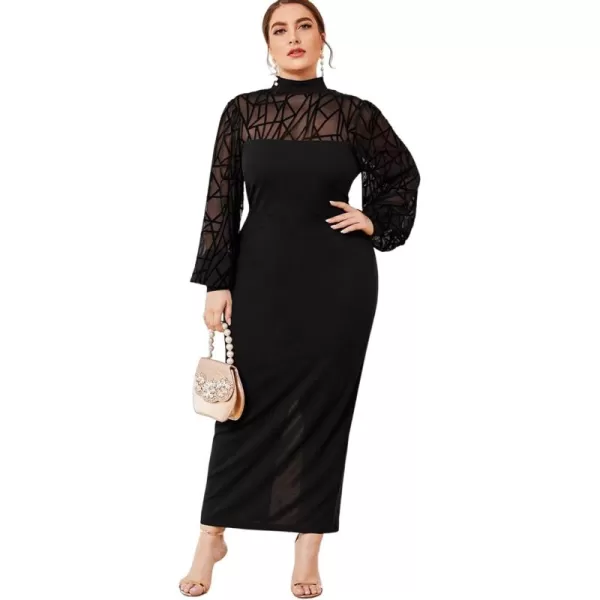 WDIRARA Women's Plus Size Mesh Bishop Long Sleeve Mock Neck Split Back Maxi Dress