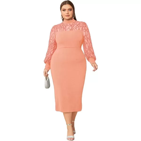 WDIRARA Women's Plus Size Mesh Bishop Long Sleeve Mock Neck Split Back Maxi Dress