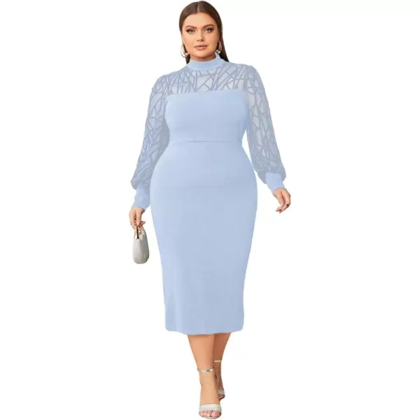 WDIRARA Women's Plus Size Mesh Bishop Long Sleeve Mock Neck Split Back Maxi Dress