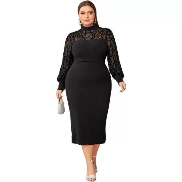 WDIRARA Women's Plus Size Mesh Bishop Long Sleeve Mock Neck Split Back Maxi Dress