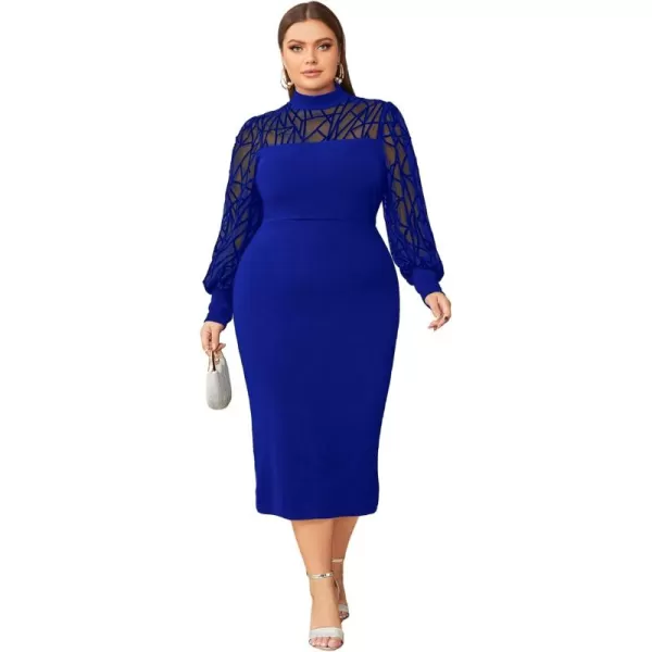 WDIRARA Women's Plus Size Mesh Bishop Long Sleeve Mock Neck Split Back Maxi Dress