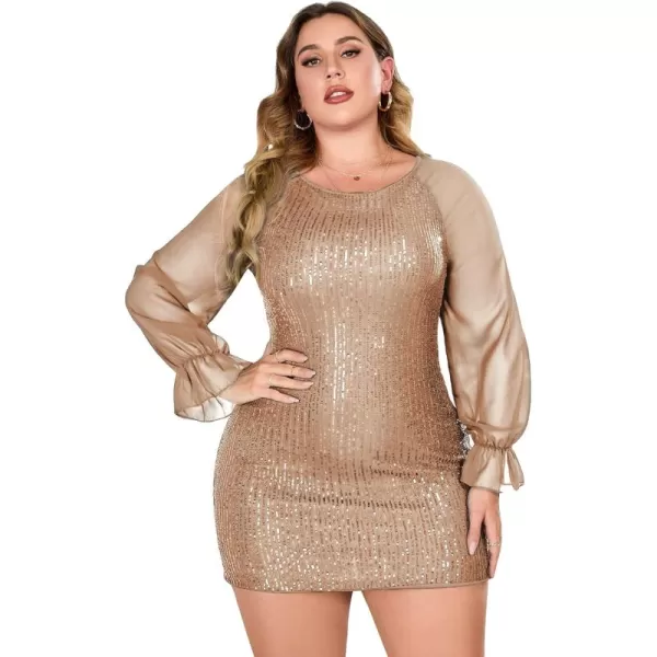 WDIRARA Women's Plus Size Mesh Flounce Long Sleeve Sequins Bodycon Dress