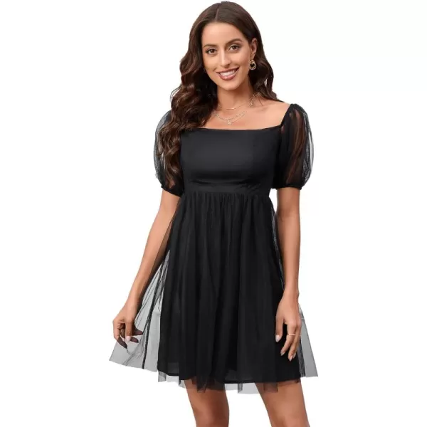 WDIRARA Women's Plus Size Mesh Puff Sleeve Square Neck Ruffle Hem Solid A Line Short Dress