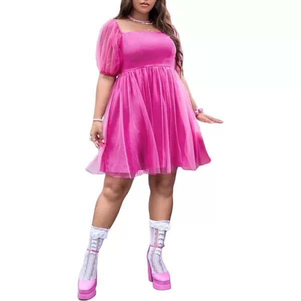 WDIRARA Women's Plus Size Mesh Puff Sleeve Square Neck Ruffle Hem Solid A Line Short Dress