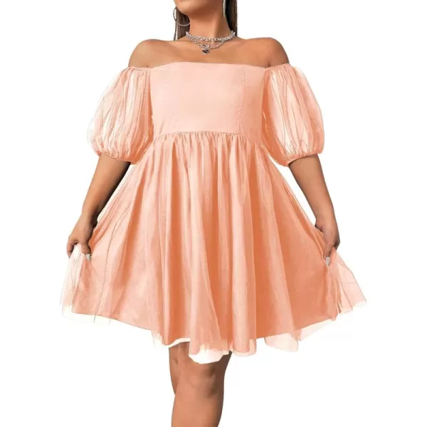 WDIRARA Women's Plus Size Mesh Puff Sleeve Square Neck Ruffle Hem Solid A Line Short Dress