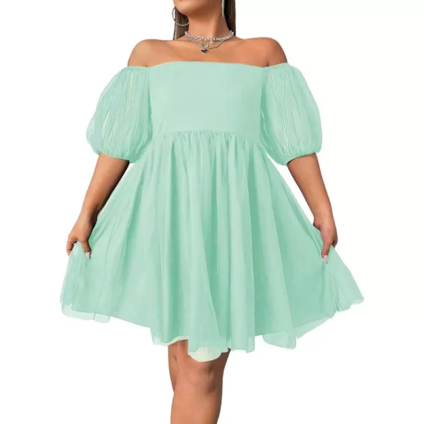 WDIRARA Women's Plus Size Mesh Puff Sleeve Square Neck Ruffle Hem Solid A Line Short Dress