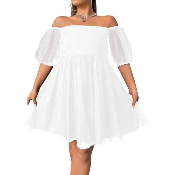 WDIRARA Women's Plus Size Mesh Puff Sleeve Square Neck Ruffle Hem Solid A Line Short Dress